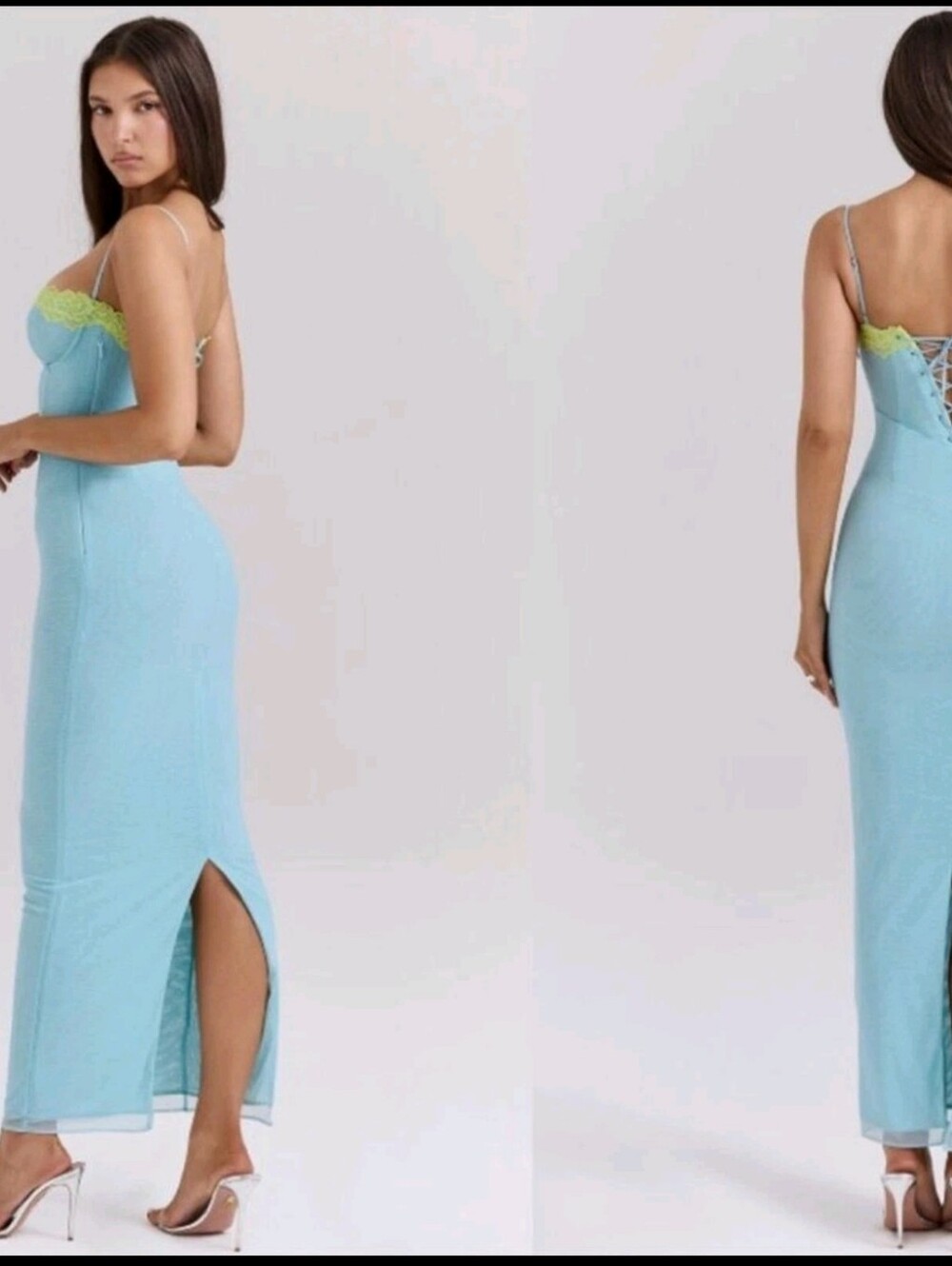 NWOT HOUSE OF CB Aiza Ocean Blue Contrast Lace Maxi Dress sz L - Picture 5 of 5